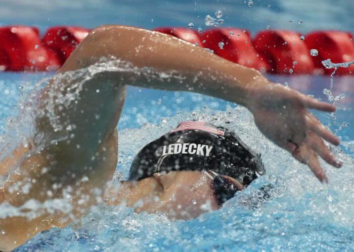 Jul 31, 2021; Tokyo, Japan; Katie Ledecky (USA) in the women's 800m freestyle final during the Tokyo 2020 Olympic Summer Games at Tokyo Aquatics Centre. Mandatory Credit: Rob Schumacher-USA TODAY Sports