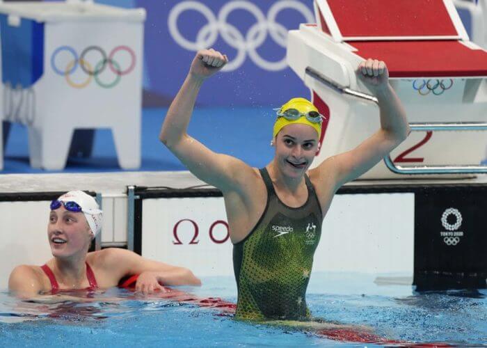 Jul 31, 2021; Tokyo, Japan; Kaylee McKeown (AUS) celebrates after winning the women's 200m backstroke final during the Tokyo 2020 Olympic Summer Games at Tokyo Aquatics Centre. Mandatory Credit: Rob Schumacher-USA TODAY Sports - swimmers