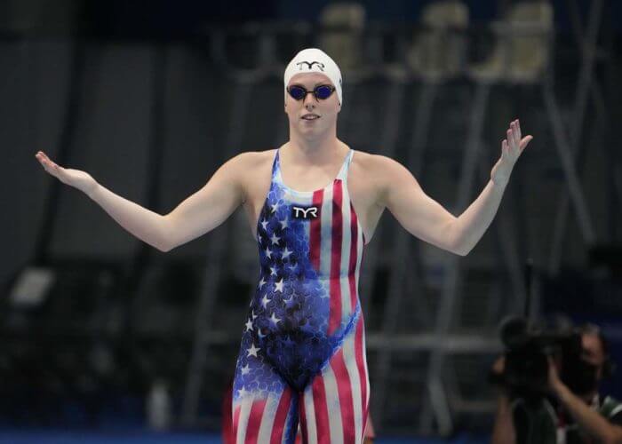 Jul 25, 2021; Tokyo, Japan; Lilly King (USA) gestures before the women's 100m breaststroke heats during the Tokyo 2020 Olympic Summer Games at Tokyo Aquatics Centre. Mandatory Credit: Rob Schumacher-USA TODAY Sports