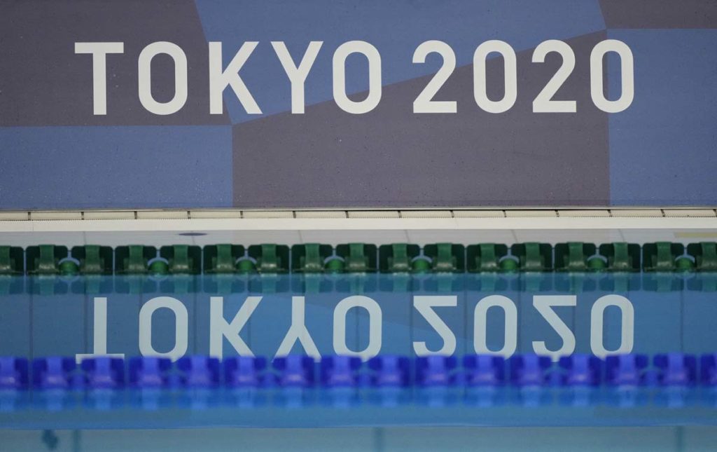 Jul 25, 2021; Tokyo, Japan; Tokyo 2020 signage during the men's 400m individual medley final during the Tokyo 2020 Olympic Summer Games at Tokyo Aquatics Centre. Mandatory Credit: Rob Schumacher-USA TODAY Network
