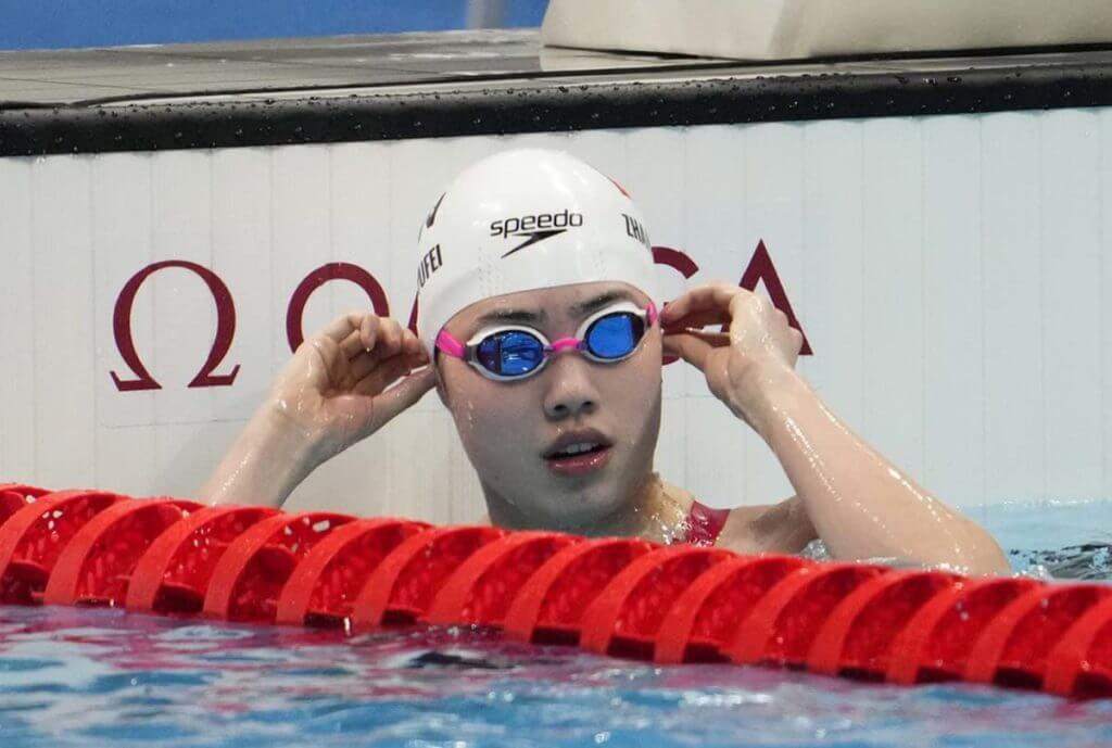 Jul 25, 2021; Tokyo, Japan; Zhang Yufei (CHN) after a women's 100m butterfly semifinal during the Tokyo 2020 Olympic Summer Games at Tokyo Aquatics Centre. Mandatory Credit: Rob Schumacher-USA TODAY Network
