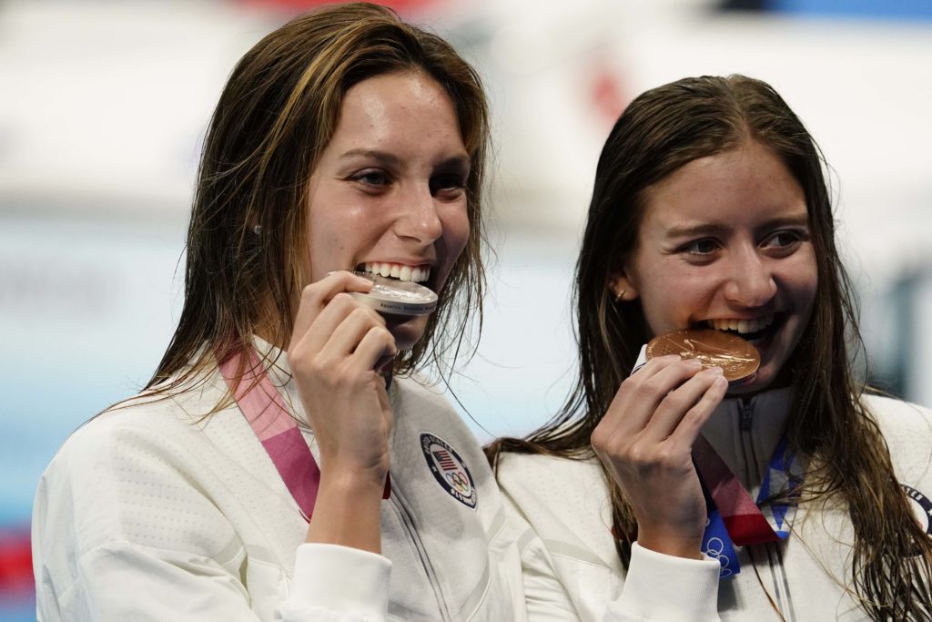 Jul 28, 2021; Tokyo, Japan; From left Alex Walsh (USA) and Kate Douglass (USA) pose with their medals during the medals ceremony for the women's 200m individual medley during the Tokyo 2020 Olympic Summer Games at Tokyo Aquatics Centre. Mandatory Credit: Rob Schumacher-USA TODAY Sports
