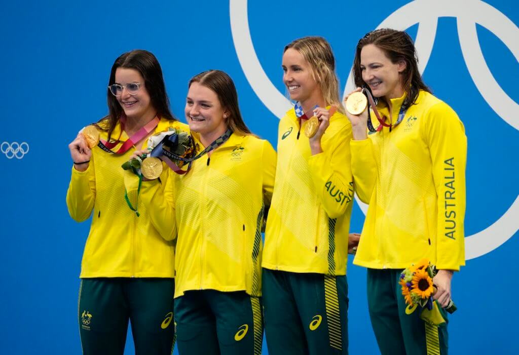 Aug 1, 2021; Tokyo, Japan; Australia relay team of Kaylee McKeown (AUS), Chelsea Hodges (AUS), Emma McKeon (AUS) and Cate Campbell (AUS) during the medals ceremony for the women's 4x100m medley relay during the Tokyo 2020 Olympic Summer Games at Tokyo Aquatics Centre. Mandatory Credit: Rob Schumacher-USA TODAY Sports