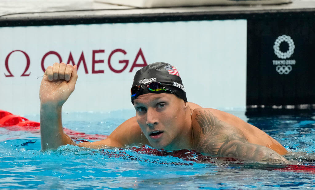 Jul 28, 2021; Tokyo, Japan; Caeleb Dressel (USA) after the men's 100m freestyle semifinals during the Tokyo 2020 Olympic Summer Games at Tokyo Aquatics Centre. Mandatory Credit: Rob Schumacher-USA TODAY Sports