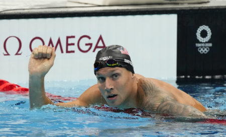 Jul 28, 2021; Tokyo, Japan; Caeleb Dressel (USA) after the men's 100m freestyle semifinals during the Tokyo 2020 Olympic Summer Games at Tokyo Aquatics Centre. Mandatory Credit: Rob Schumacher-USA TODAY Sports