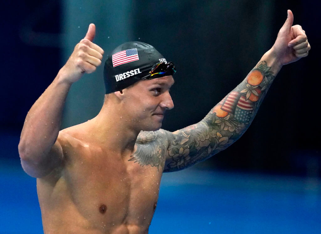 Jul 31, 2021; Tokyo, Japan; Caeleb Dressel (USA) reacts after winning the men's 100m butterfly final during the Tokyo 2020 Olympic Summer Games at Tokyo Aquatics Centre. Mandatory Credit: Grace Hollars-USA TODAY Sports