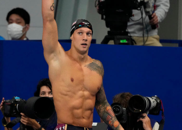 Jul 31, 2021; Tokyo, Japan; Caeleb Dressel (USA) after winning the men's 100m butterfly final during the Tokyo 2020 Olympic Summer Games at Tokyo Aquatics Centre. Mandatory Credit: Rob Schumacher-USA TODAY Sports