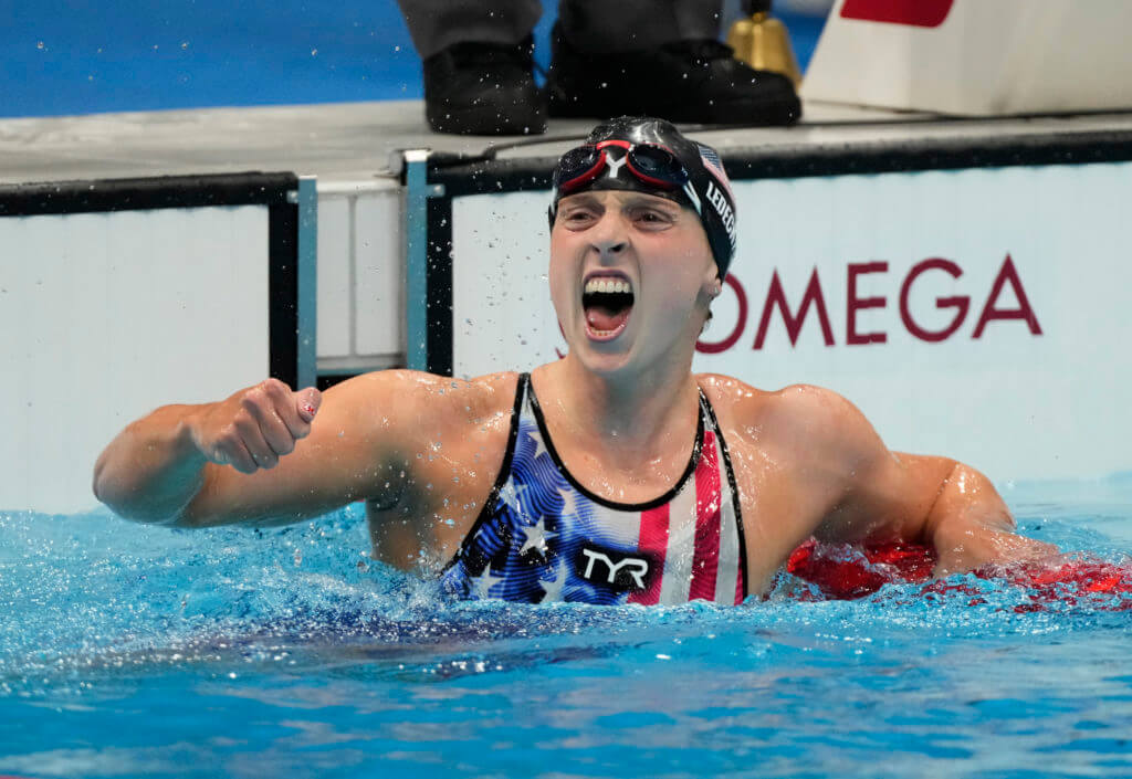 us-open-videos-Jul 28, 2021; Tokyo, Japan; Katie Ledecky (USA) celebrates after winning the women's 1500m freestyle final during the Tokyo 2020 Olympic Summer Games at Tokyo Aquatics Centre. Mandatory Credit: Rob Schumacher-USA TODAY Sports
