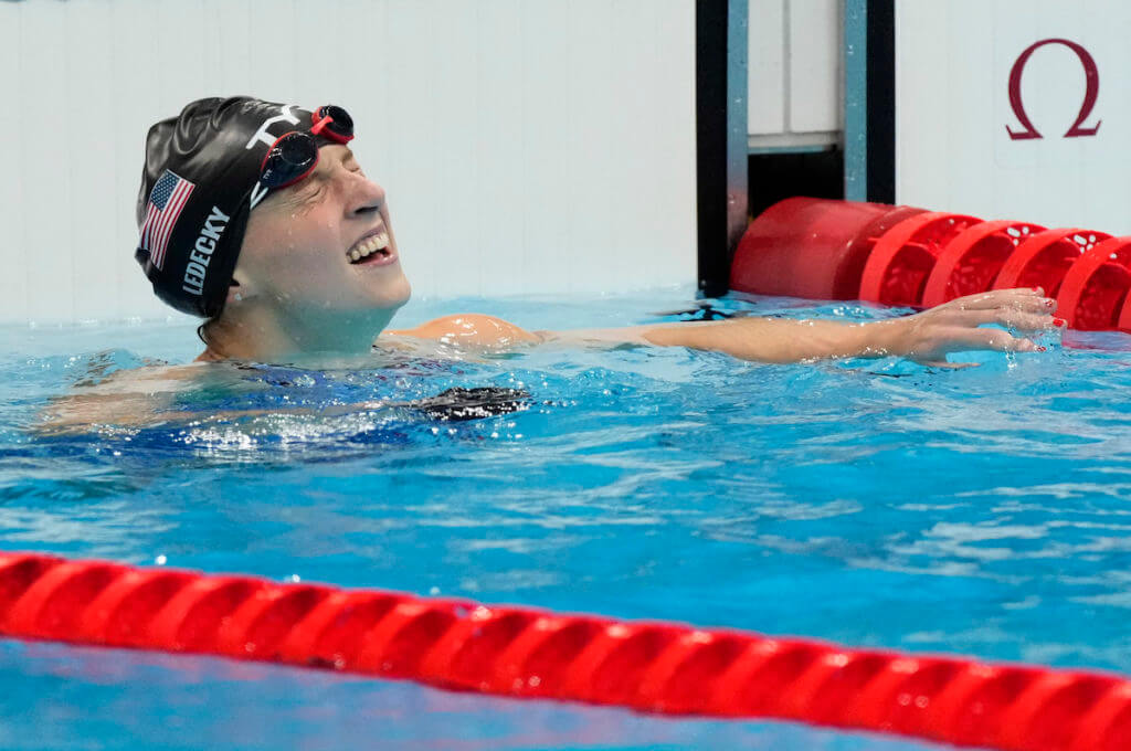 Jul 31, 2021; Tokyo, Japan; Katie Ledecky (USA) reacts after winning the women's 800m freestyle final during the Tokyo 2020 Olympic Summer Games at Tokyo Aquatics Centre. Mandatory Credit: Rob Schumacher-USA TODAY Sports