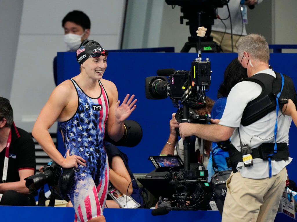Jul 31, 2021; Tokyo, Japan; Katie Ledecky (USA) after winning the women's 800m freestyle final during the Tokyo 2020 Olympic Summer Games at Tokyo Aquatics Centre. Mandatory Credit: Rob Schumacher-USA TODAY Sports