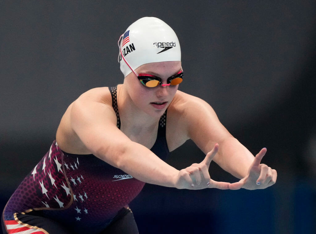 Jul 30, 2021; Tokyo, Japan; Claire Curzan (USA) in the women's 4x100m medley heats during the Tokyo 2020 Olympic Summer Games at Tokyo Aquatics Centre. Mandatory Credit: Rob Schumacher-USA TODAY Sports