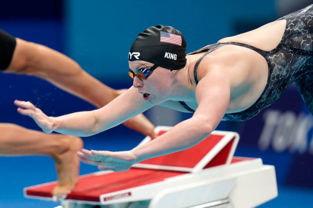 Jul 29, 2021; Tokyo, Japan; Lilly King (USA) dives into the water while competing in the women's 200m breaststroke semifinal during the Tokyo 2020 Olympic Summer Games at Tokyo Aquatics Centre. Mandatory Credit: Grace Hollars-USA TODAY Sports