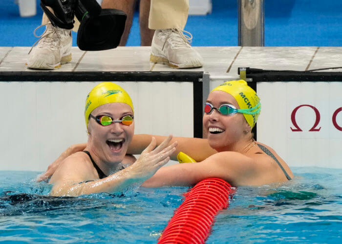 Jul 30, 2021; Tokyo, Japan; Emma McKeon (AUS) and Cate Campbell (AUS) place first and third in the women's 100m freestyle final during the Tokyo 2020 Olympic Summer Games at Tokyo Aquatics Centre. Mandatory Credit: Rob Schumacher-USA TODAY Sports