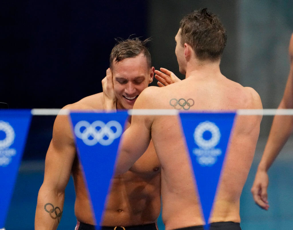 Aug 1, 2021; Tokyo, Japan; Caeleb Dressel (USA) celebrates their victory in the men's 4x100m medley final during the Tokyo 2020 Olympic Summer Games at Tokyo Aquatics Centre. Mandatory Credit: Rob Schumacher-USA TODAY Sports
