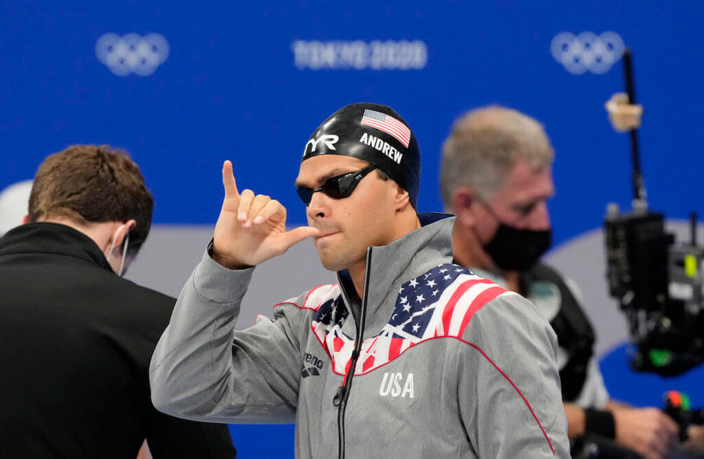 Jul 31, 2021; Tokyo, Japan; Michael Andrew (USA) before the men's 50m freestyle semifinals during the Tokyo 2020 Olympic Summer Games at Tokyo Aquatics Centre. Mandatory Credit: Rob Schumacher-USA TODAY Sports