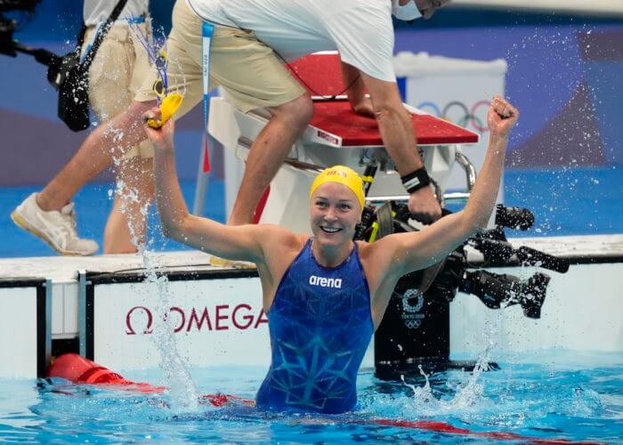 Aug 1, 2021; Tokyo, Japan; Sarah Sjoestroem (SWE) celebrates her second place finish in the women's 50m freestyle final during the Tokyo 2020 Olympic Summer Games at Tokyo Aquatics Centre. Mandatory Credit: Rob Schumacher-USA TODAY Sports