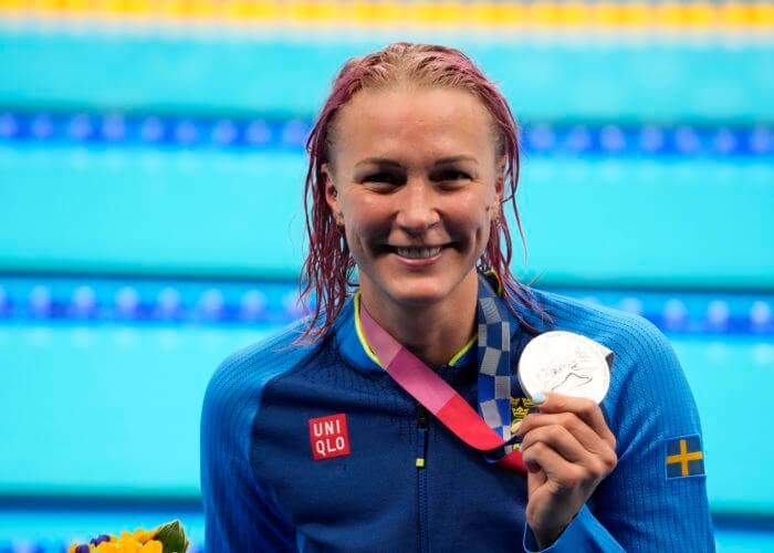 sarah sjostrom, olympics, Aug 1, 2021; Tokyo, Japan; Sarah Sjoestroem (SWE) with her silver medal during the medals ceremony for the women's 50m freestyle during the Tokyo 2020 Olympic Summer Games at Tokyo Aquatics Centre. Mandatory Credit: Robert Hanashiro-USA TODAY Sports