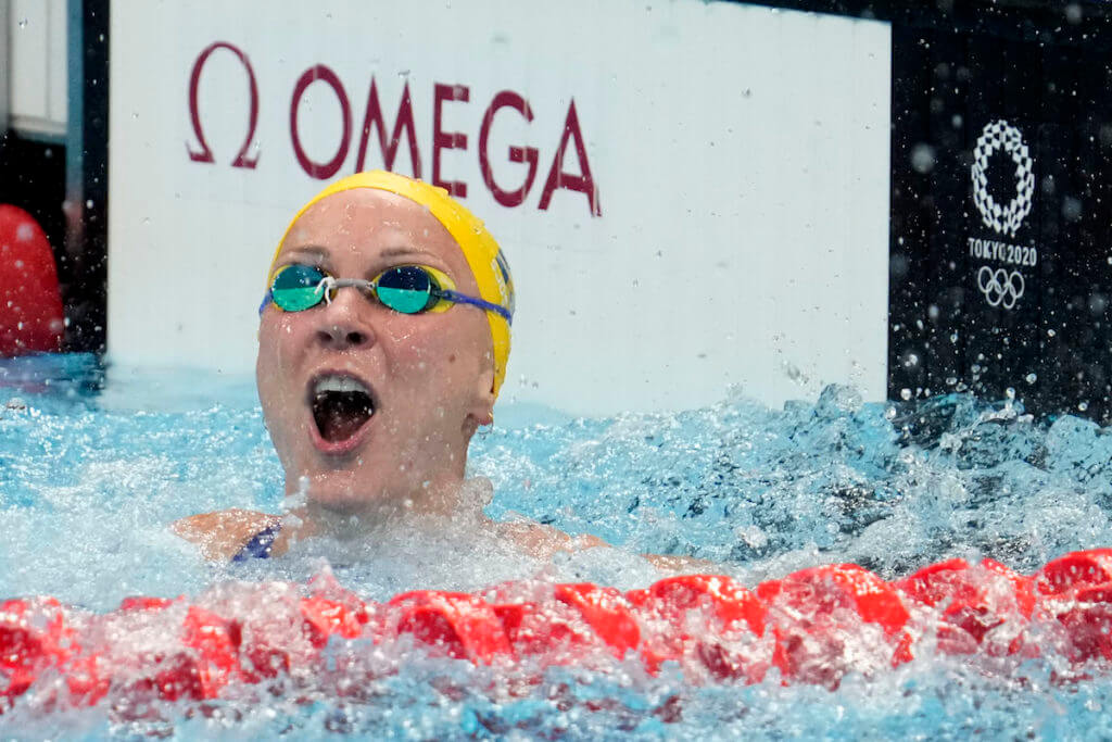 Aug 1, 2021; Tokyo, Japan; Sarah Sjoestroem (SWE) reacts after finishing second in the women's 50m freestyle final during the Tokyo 2020 Olympic Summer Games at Tokyo Aquatics Centre. Mandatory Credit: Robert Hanashiro-USA TODAY Sports