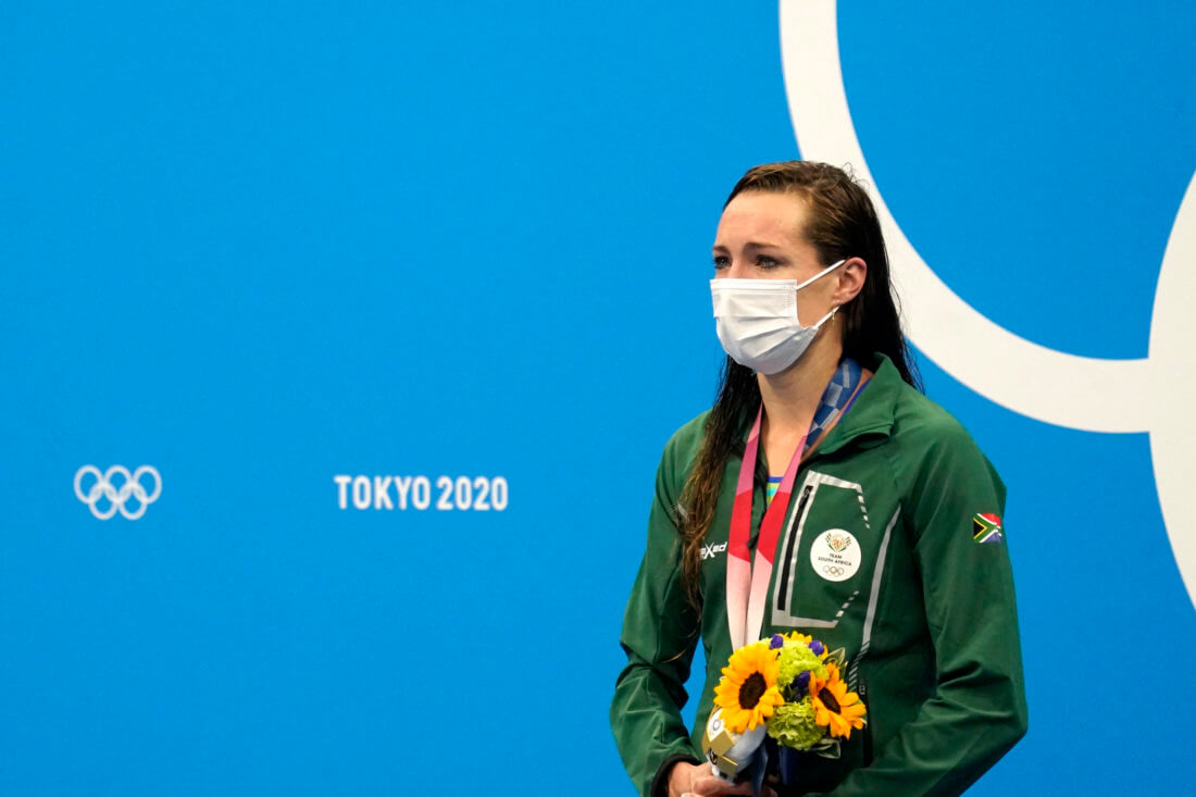Jul 30, 2021; Tokyo, Japan; Tatjana Schoenmaker (RSA) poses with her gold medal after finishing first in the women's 200m breaststroke final during the Tokyo 2020 Olympic Summer Games at Tokyo Aquatics Centre. Mandatory Credit: Grace Hollars-USA TODAY Sports