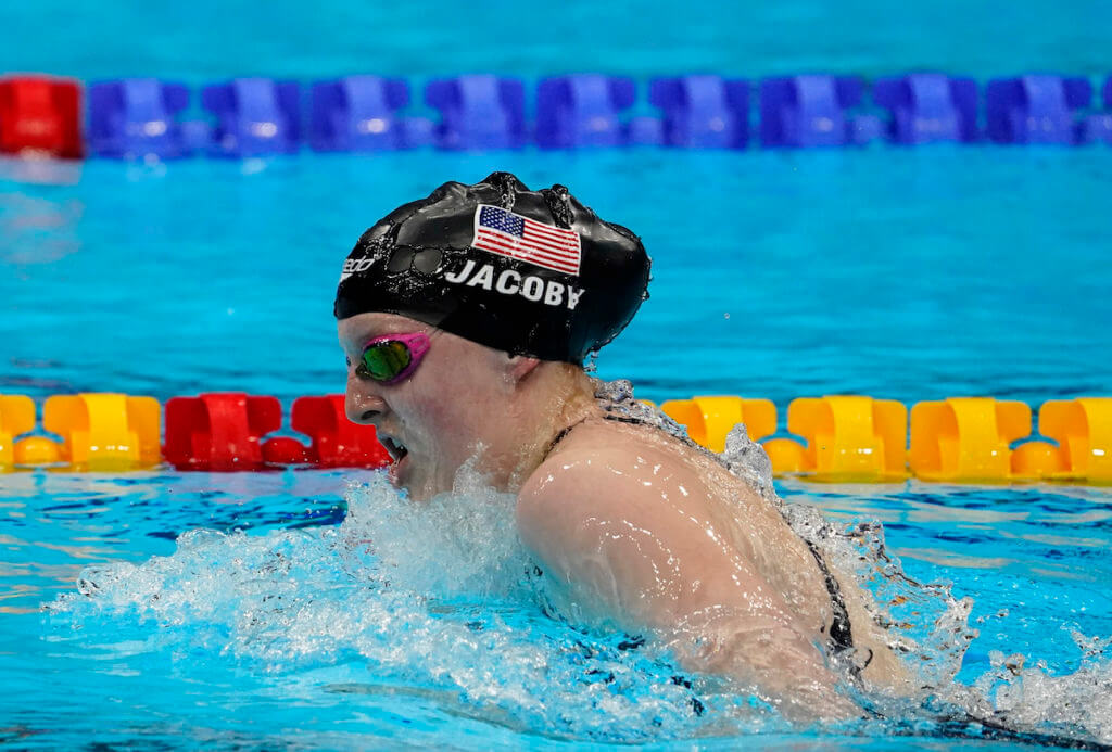 Aug 1, 2021; Tokyo, Japan; Lydia Jacoby (USA) in the women's 4x100m medley final during the Tokyo 2020 Olympic Summer Games at Tokyo Aquatics Centre. Mandatory Credit: Rob Schumacher-USA TODAY Sports