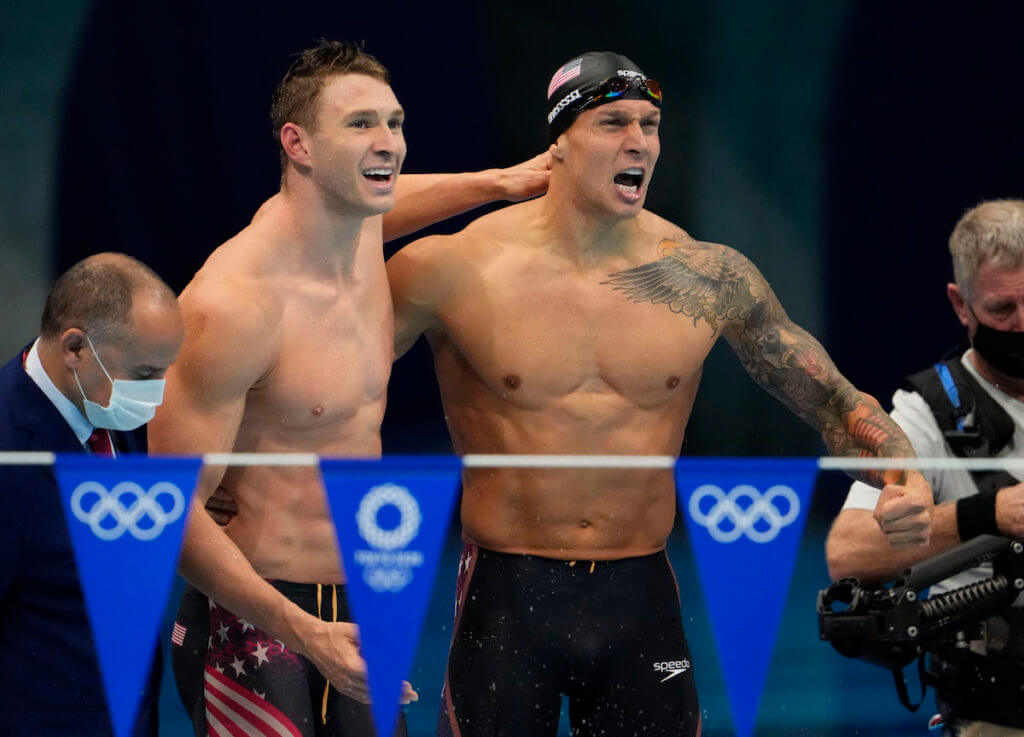 Aug 1, 2021; Tokyo, Japan; Ryan Murphy (USA) and Caeleb Dressel (USA) celebrate after winning the men's 4x100m medley final during the Tokyo 2020 Olympic Summer Games at Tokyo Aquatics Centre. Mandatory Credit: Rob Schumacher-USA TODAY Sports - medley relay