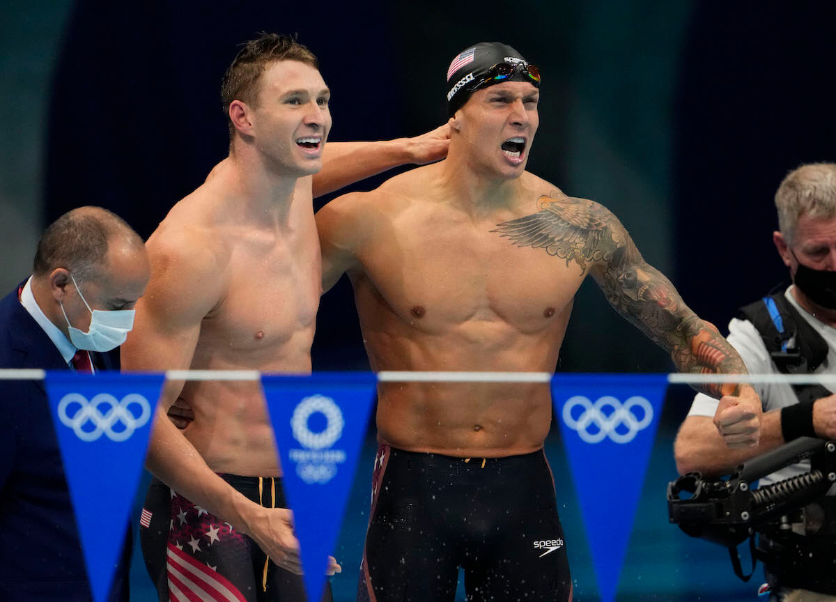 Aug 1, 2021; Tokyo, Japan; Ryan Murphy (USA) and Caeleb Dressel (USA) celebrate after winning the men's 4x100m medley final during the Tokyo 2020 Olympic Summer Games at Tokyo Aquatics Centre. Mandatory Credit: Rob Schumacher-USA TODAY Sports