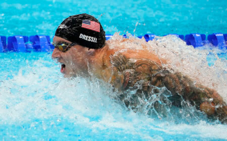 Aug 1, 2021; Tokyo, Japan; Caeleb Dressel (USA) in the men's 4x100m medley final during the Tokyo 2020 Olympic Summer Games at Tokyo Aquatics Centre. Mandatory Credit: Rob Schumacher-USA TODAY Sports