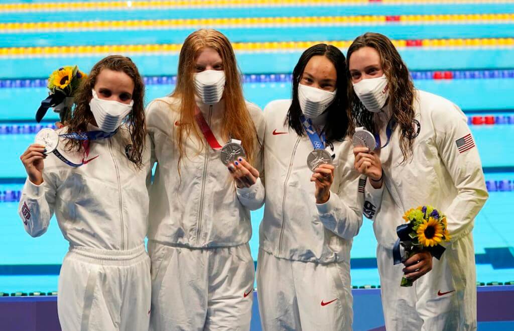 Aug 1, 2021; Tokyo, Japan; USA medalists Regan Smith (USA) , Lydia Jacoby (USA) , Torri Huske (USA) and Abbey Weitzeil (USA) pose with silver medals during the medals ceremony for the women's 4x100m medley relay during the Tokyo 2020 Olympics at Tokyo Aquatics Centre. Mandatory Credit: Rob Schumacher-USA TODAY Sports