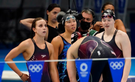 Aug 1, 2021; Tokyo, Japan; Torri Huske (USA), Regan Smith (USA) , Lydia Jacoby (USA) and Abbey Weitzeil (USA) react after their second place finish in the women's 4x100m medley final during the Tokyo 2020 Olympic Summer Games at Tokyo Aquatics Centre. Mandatory Credit: Rob Schumacher-USA TODAY Sports