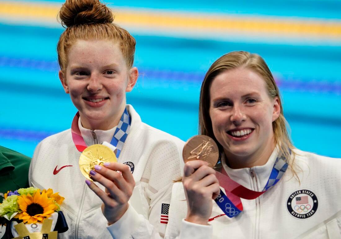 Jul 27, 2021; Tokyo, Japan; Lydia Jacoby (USA) and Lilly King (USA) show off their medals during the medals ceremony for the women's 100m breaststroke during the Tokyo 2020 Olympic Summer Games at Tokyo Aquatics Centre. Mandatory Credit: Rob Schumacher-USA TODAY Sports
