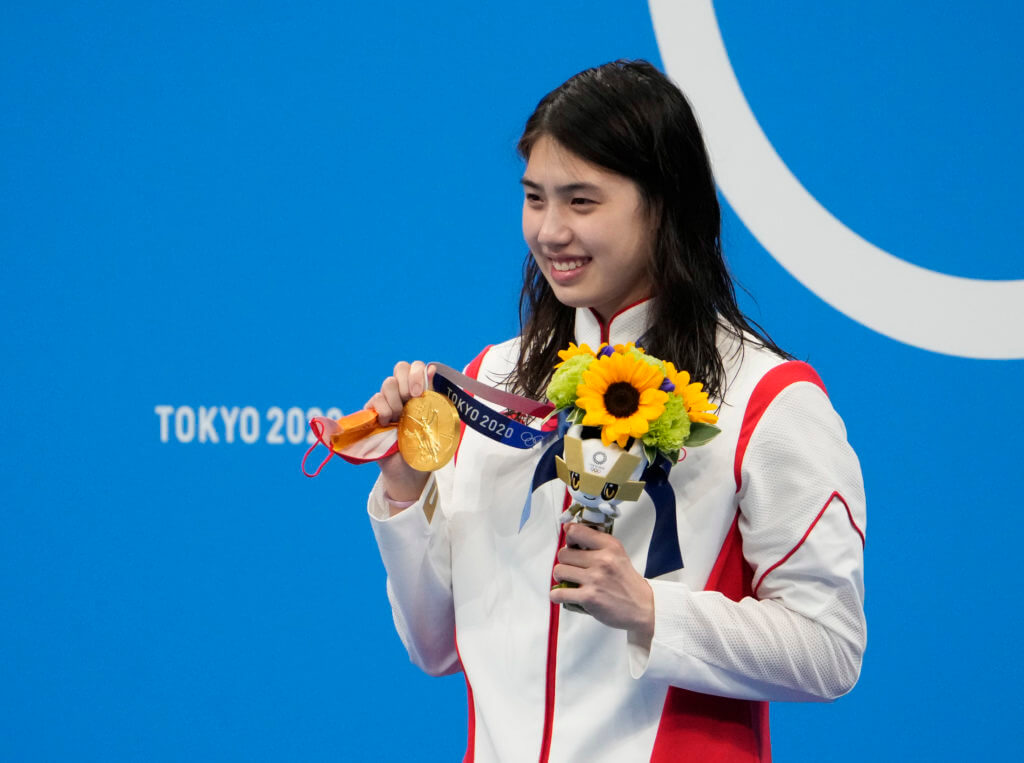 Jul 29, 2021; Tokyo, Japan; Zhang Yufei (CHN) receives her gold medal during the medals ceremony for the women's 200m butterly during the Tokyo 2020 Olympic Summer Games at Tokyo Aquatics Centre. Mandatory Credit: Rob Schumacher-USA TODAY Sports