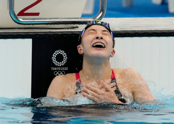 Jul 28, 2021; Tokyo, Japan; Yui Ohashi (JPN) celebrates after winning the women's 200m individual medley final during the Tokyo 2020 Olympic Summer Games at Tokyo Aquatics Centre. Mandatory Credit: Rob Schumacher-USA TODAY Sports