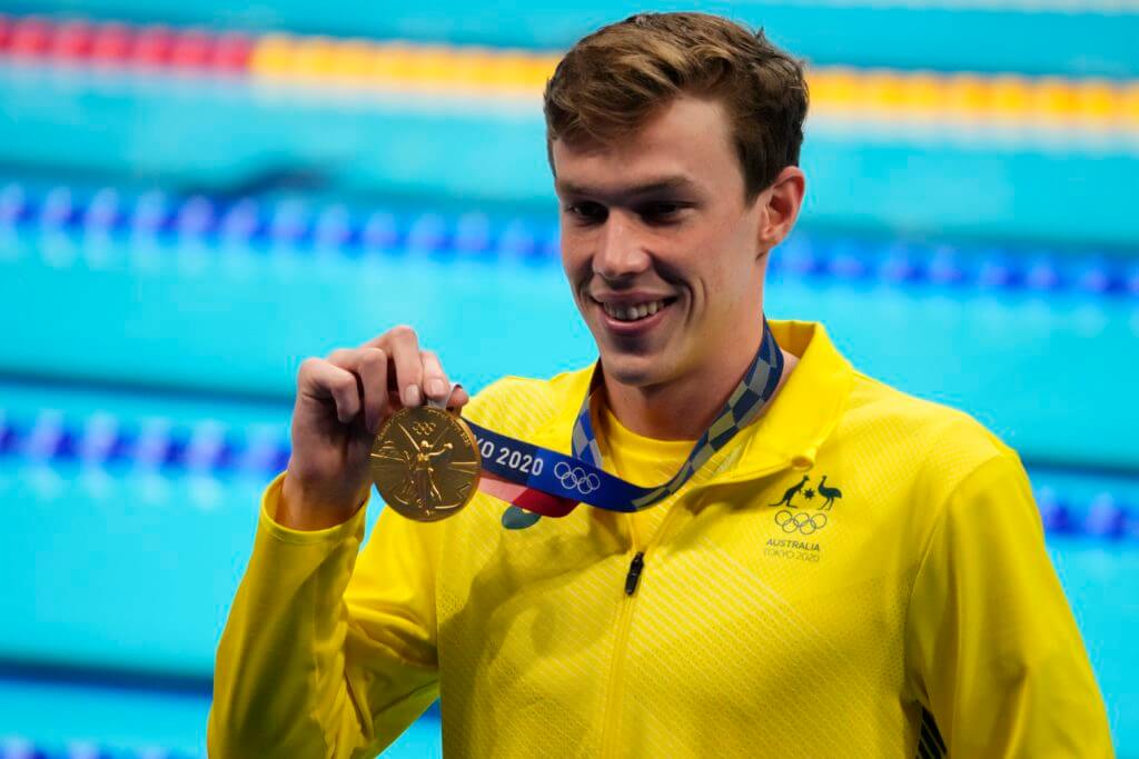 Jul 29, 2021; Tokyo, Japan; Izaac Stubblety-Cook (AUS) celebrates his gold medal during the medals ceremony for the men's 200m breaststroke during the Tokyo 2020 Olympic Summer Games at Tokyo Aquatics Centre. Mandatory Credit: Rob Schumacher-USA TODAY Sports