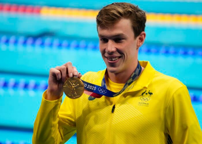 Jul 29, 2021; Tokyo, Japan; Izaac Stubblety-Cook (AUS) celebrates his gold medal during the medals ceremony for the men's 200m breaststroke during the Tokyo 2020 Olympic Summer Games at Tokyo Aquatics Centre. Mandatory Credit: Rob Schumacher-USA TODAY Sports