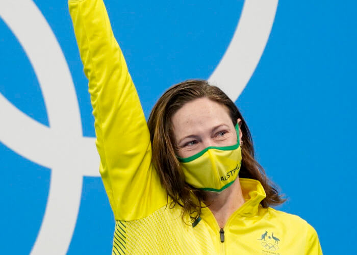 Jul 30, 2021; Tokyo, Japan; Cate Campbell (AUS) celebrates after finishing third in the women's 100m freestyle final during the Tokyo 2020 Olympic Summer Games at Tokyo Aquatics Centre. Mandatory Credit: Grace Hollars-USA TODAY Sports