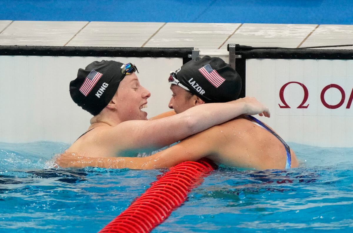 Jul 30, 2021; Tokyo, Japan; Lilly King (USA) and Annie Lazor (USA) react after placing second and third in the women's 200m breaststroke final during the Tokyo 2020 Olympic Summer Games at Tokyo Aquatics Centre. Mandatory Credit: Rob Schumacher-USA TODAY Sports