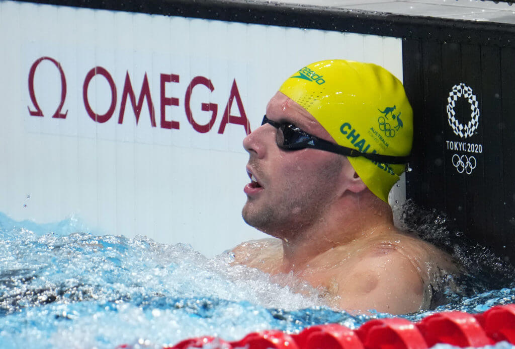 Jul 27, 2021; Tokyo, Japan; Kyle Chalmers (AUS) after the men's 100m freestyle heats during the Tokyo 2020 Olympic Summer Games at Tokyo Aquatics Centre. Mandatory Credit: Robert Hanashiro-USA TODAY Sports