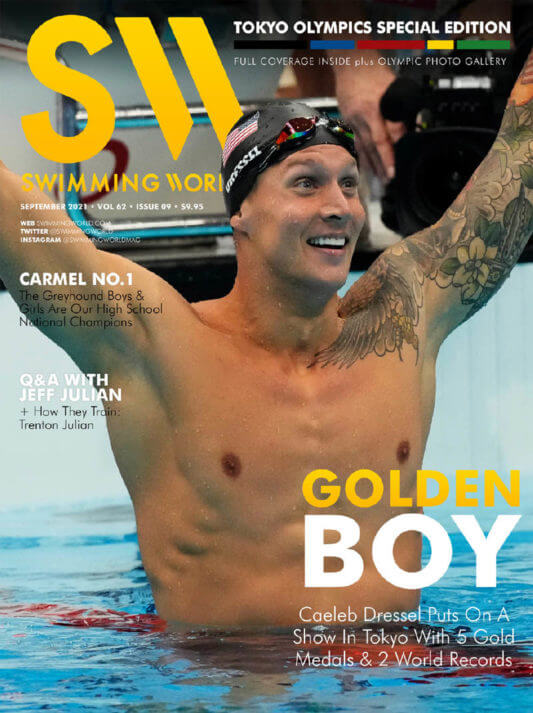 Swimming World September 2021 - Golden Boy Caeleb Dressel Puts On A Show In Tokyo With 5 Gold Medals and 2 World Records - COVER