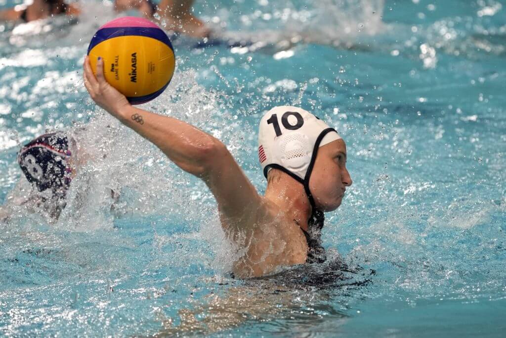 Jul 30, 2021; Tokyo, Japan; USA player Kaleigh Gilchrist (10) shoots against ROC during the Tokyo 2020 Olympic Summer Games at Tatsumi Water Polo Centre. Mandatory Credit: Michael Madrid-USA TODAY Sports