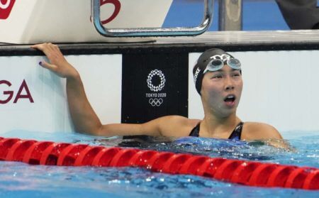 Jul 25, 2021; Tokyo, Japan; Torri Huske (USA) after a women's 100m butterfly semifinal during the Tokyo 2020 Olympic Summer Games at Tokyo Aquatics Centre. Mandatory Credit: Rob Schumacher-USA TODAY Network