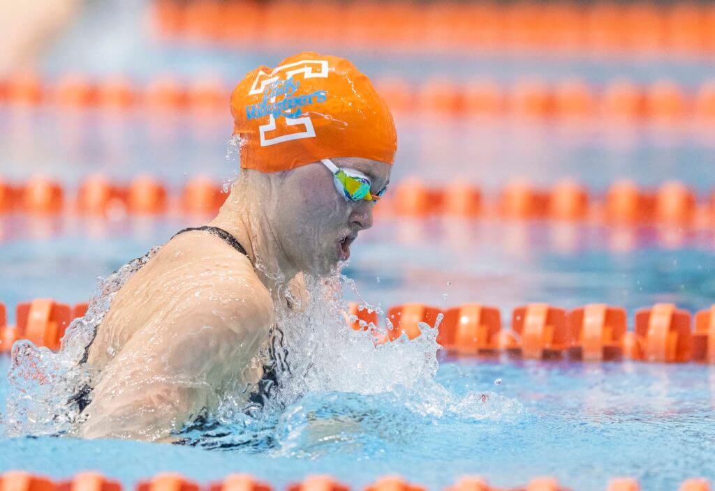 KNOXVILLE, TN - November 19, 2021 - Mona McSharry of the Tennessee Volunteers during Day 2 preliminary session of the Tennessee Invitational at Allan Jones Intercollegiate Aquatic Center in Knoxville, TN. Photo By Andrew Ferguson/Tennessee Athletics