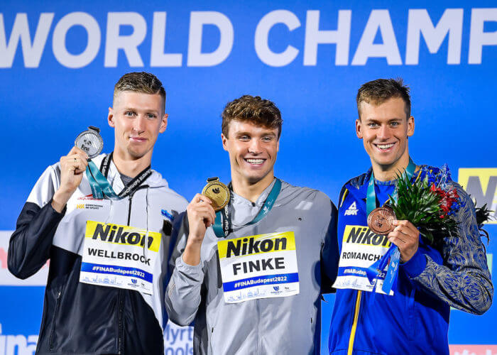 FINKE Bobby USA Gold Medal, WELLBROCK Florian GER Silver Medal, ROMANCHUK Mykhailo UKR Bronze Medal 800m Freestyle Men Swimming FINA 19th World Championships Budapest 2022 Budapest, Duna Arena 21/06/22 Photo Andrea Staccioli / Deepbluemedia / Insidefoto