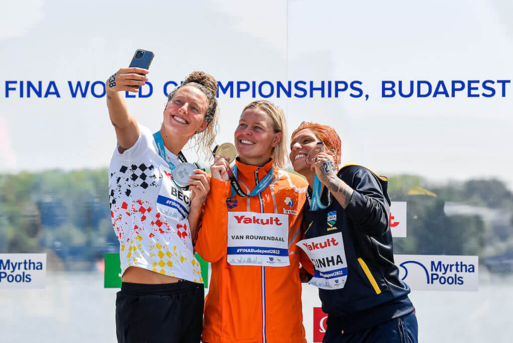 van ROUWENDAAL Sharon NED Gold Medal, BECK Leonie GER Silver Medal, EICHELBERGER JUNGBLUT Viviane BRA Bronze Medal 10km Women Open Water Swimming FINA 19th World Championships Budapest 2022 Budapest, Lupa Lake 29/06/22 Photo Andrea Staccioli / Deepbluemedia / Insidefoto