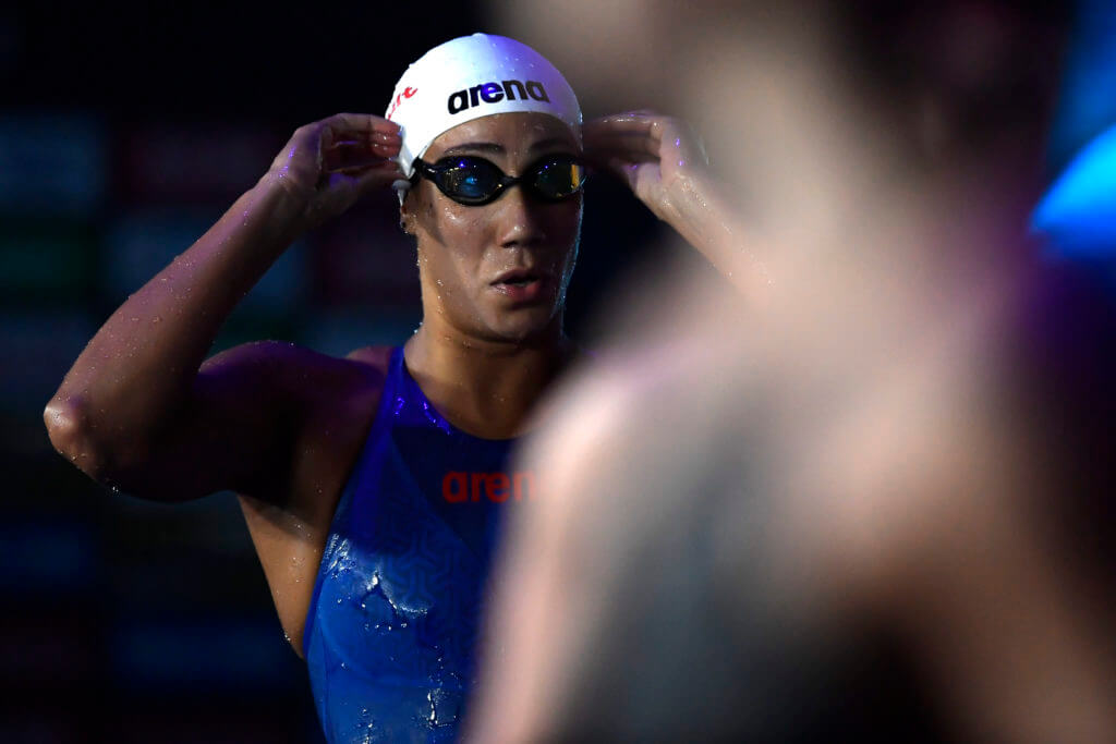 Farida Osman of Egypt reacts after compete in the 100m Butterfly Women semifinals during the FINA 19th World Championships Budapest 2022 at Duna Arena, Budapest (Hungary), June 18th, 2022. Farida Osman placed 8th and qualified for the final. Photo Andrea Staccioli / Deepbluemedia / Insidefoto