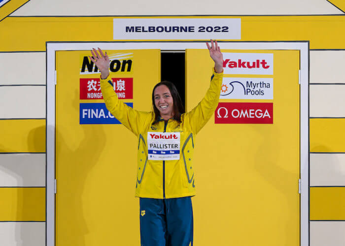 Lani Pallister of Australia reacts after winning the gold medal in the 400m Freestyle Women Final during the FINA Swimming Short Course World Championships at the Melbourne Sports and Aquatic Centre in Melbourne, Australia, December 13th, 2022. Photo Giorgio Scala / Deepbluemedia / Insidefoto