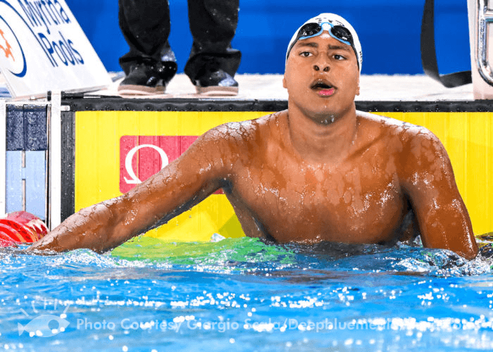 Yohann Ndoye Brouard of France reacts after compete in the 100m Backstroke Men Semifinal during the FINA Swimming Short Course World Championships at the Melbourne Sports and Aquatic Centre in Melbourne, Australia, December 13th, 2022. Photo Giorgio Scala / Deepbluemedia / Insidefoto