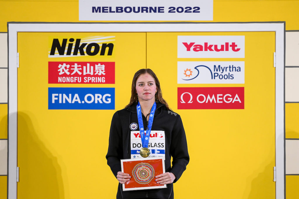 Kate Douglass United States of America reacts after winning the gold medal in the 200m Individual Medley Women Final during the FINA Swimming Short Course World Championships at the Melbourne Sports and Aquatic Centre in Melbourne, Australia, December 13th, 2022. Photo Giorgio Scala / Deepbluemedia / Insidefoto