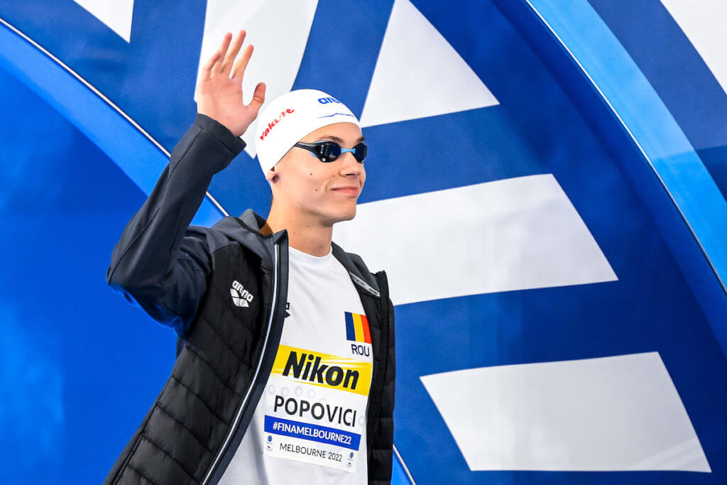 David Popovici of Romania prepares to compete in the 100m Freestyle Men Semifinal during the FINA Swimming Short Course World Championships at the Melbourne Sports and Aquatic Centre in Melbourne, Australia, December 14th, 2022. Photo Giorgio Scala / Deepbluemedia / Insidefoto