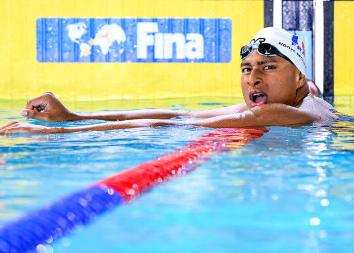 Yohann Ndoye-Brouard of France reacts after compete in the 100m Backstroke Men Final during the FINA Swimming Short Course World Championships at the Melbourne Sports and Aquatic Centre in Melbourne, Australia, December 14th, 2022. Photo Giorgio Scala / Deepbluemedia / Insidefoto