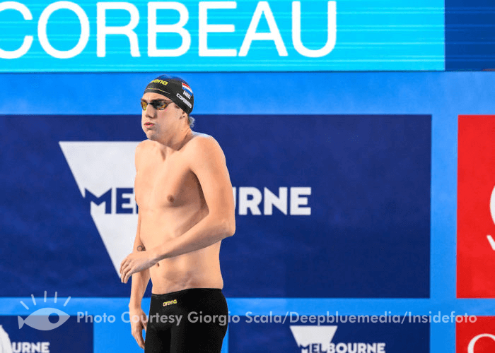 Caspar Corbeau of The Netherlands prepares to compete in the 100m Breaststroke Men Semifinal during the FINA Swimming Short Course World Championships at the Melbourne Sports and Aquatic Centre in Melbourne, Australia, December 14th, 2022. Photo Giorgio Scala / Deepbluemedia / Insidefoto
